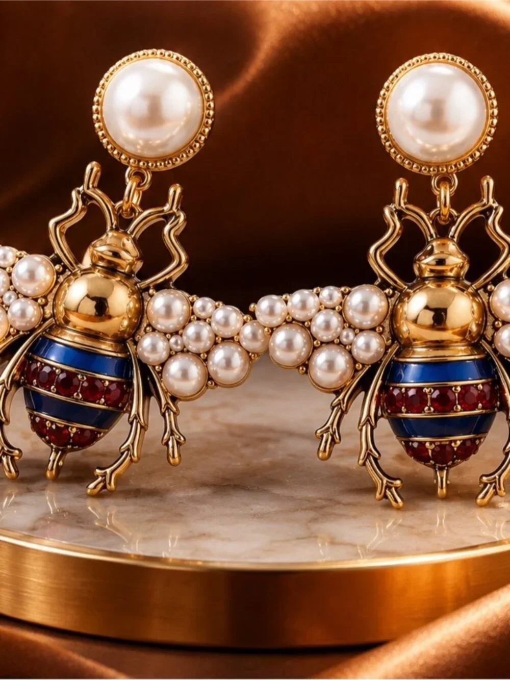 Pearl Bee Drop Earrings - Gold and Blue